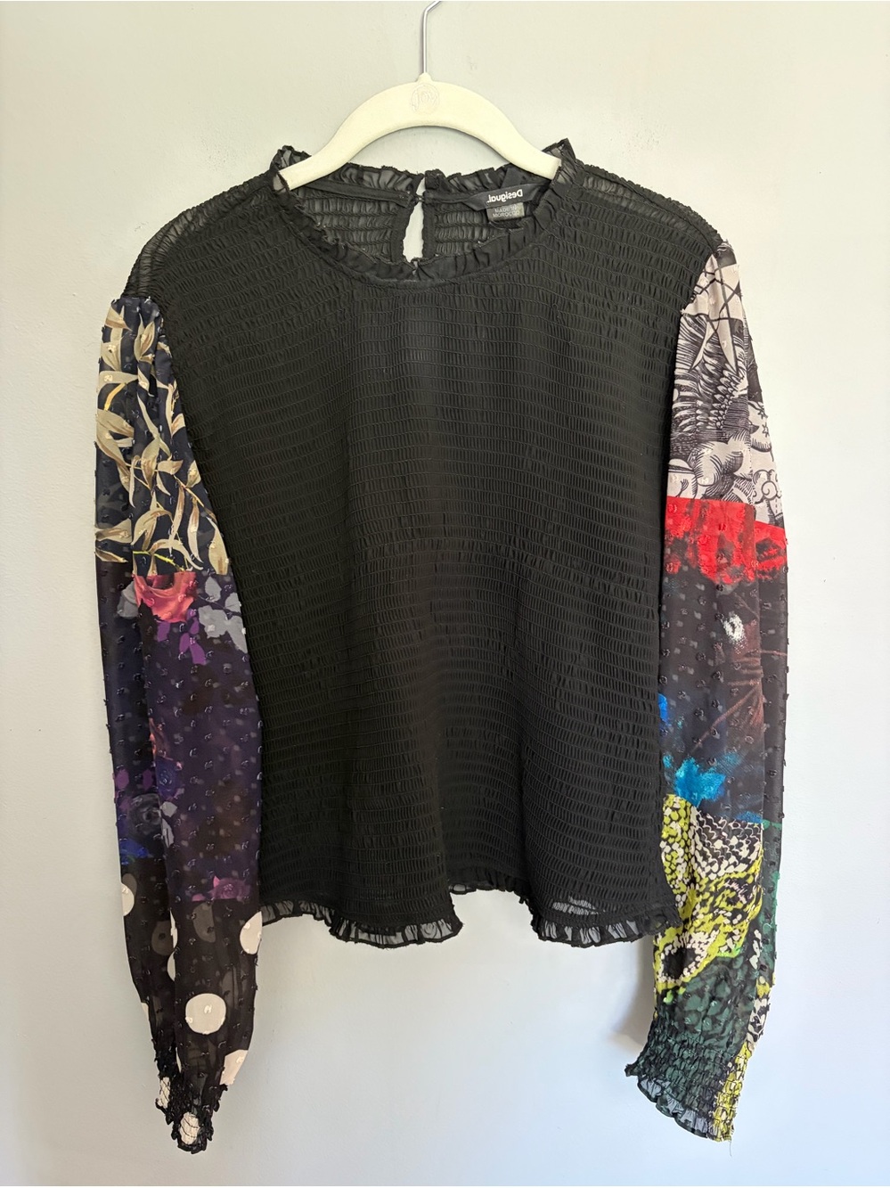 Desigual Sheer Top Women’s Size L Black Smocked Floral Long Sleeve Mock Neck